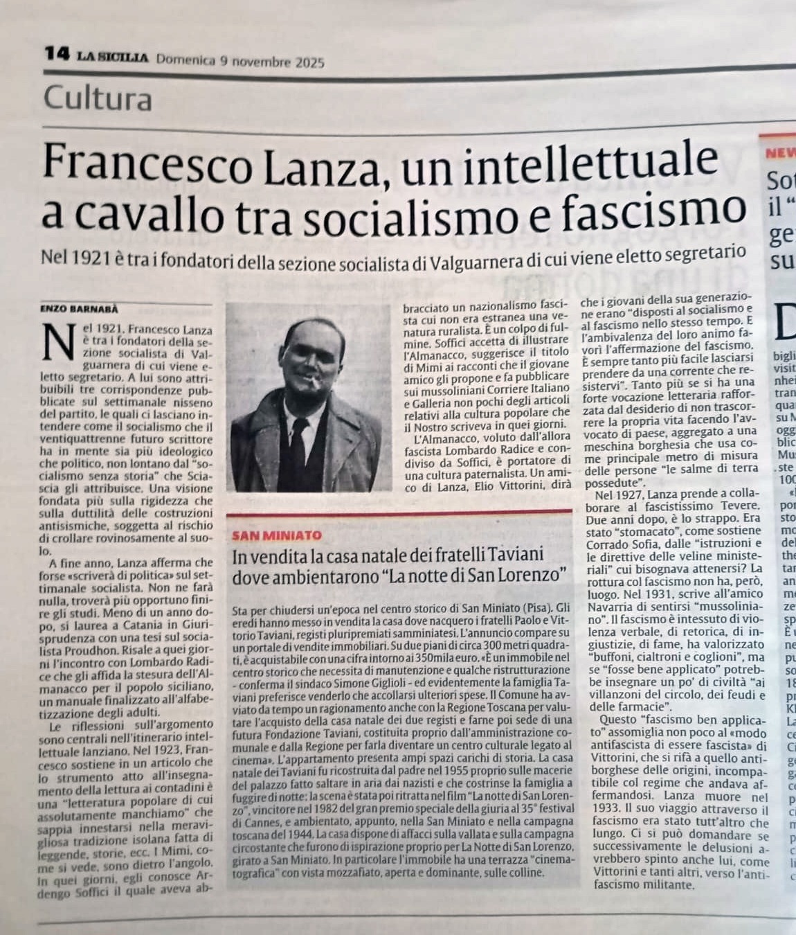 Francesco Lanza, un intellettuale a cavallo tra socialismo e fascismo - La Sicilia 9-novembre-2025